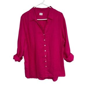 Sigrid Olsen 100% Linen Oversized Button-Down Shirt, Hot Pink Fuchsia, XL-1X